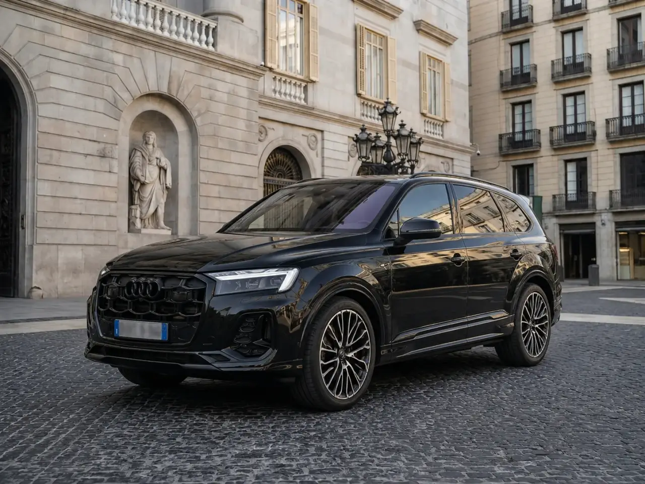 Audi Q7 50 TDI S-Line Edition 2025, profil latéral — Super Car Rental Switzerland, Switzerland. Audi Q7 50 TDI S-Line Edition in Switzerland La Audi Q7 50 TDI S-Line Edition 2025 est…