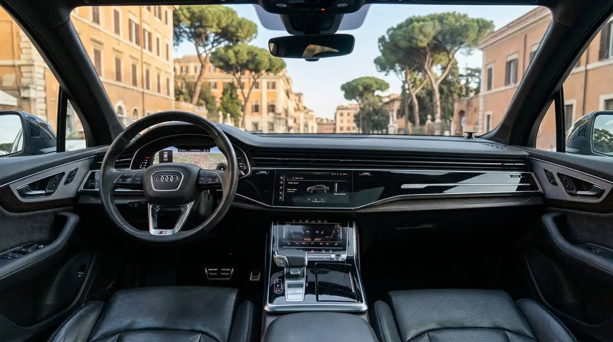 Audi SQ7 7seater 2023, Heckansicht — Super Car Rental Switzerland, Switzerland. Audi SQ7 7seater in Switzerland Der Audi SQ7 7seater, Baujahr 2023, steht in Switzerland…