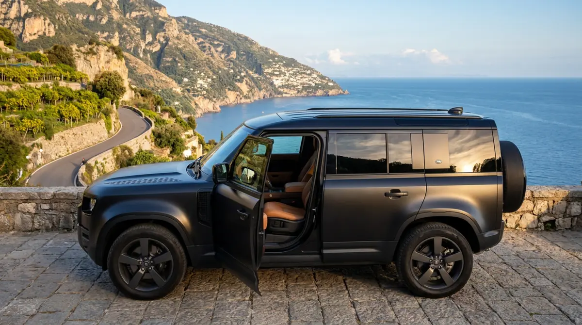 Land Rover Defender 2024, Innenraum — Super Car Rental Switzerland, Switzerland. Land Rover Defender in Switzerland Der Land Rover Defender 2024 steht in Switzerland als…
