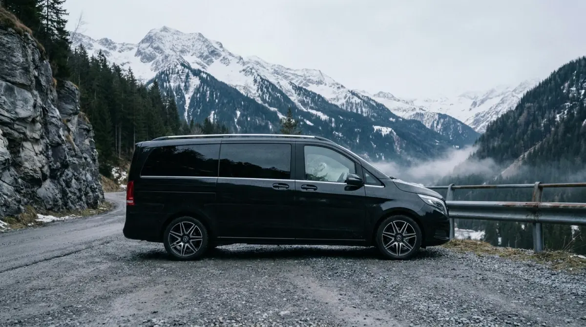 Mercedes Benz V300 8 seats 2025, vue arrière — Super Car Rental Switzerland, Switzerland. Mercedes Benz V300 8 seats in Switzerland Louer un Mercedes Benz V300 8 seats en Suisse…