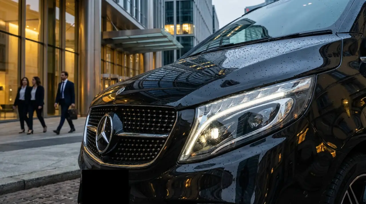 Mercedes V Class 2026, Frontansicht — Super Car Rental Switzerland, Switzerland. Mercedes Benz V Class in Switzerland Die Mercedes V Class 2026 steht in der Schweiz als…