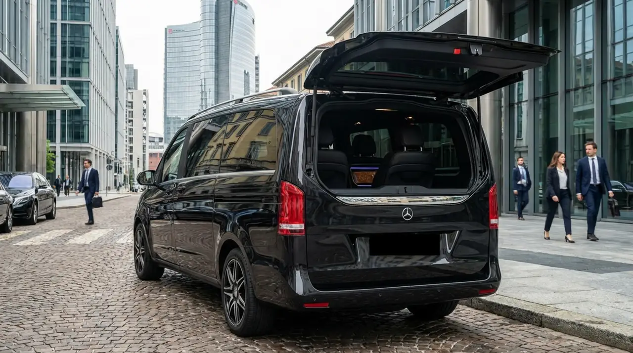 Mercedes V Class 2026, Heckansicht — Super Car Rental Switzerland, Switzerland. Mercedes Benz V Class in Switzerland Die Mercedes V Class 2026 steht in der Schweiz als…